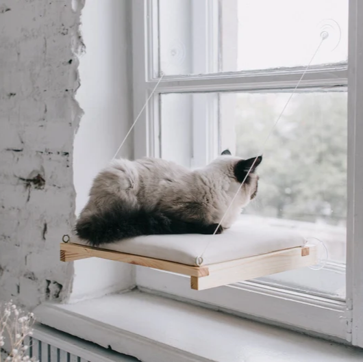 Hanging cat window bed made from natural ecological wood with replacement cover, cat window perch, cat lover Christmas gift